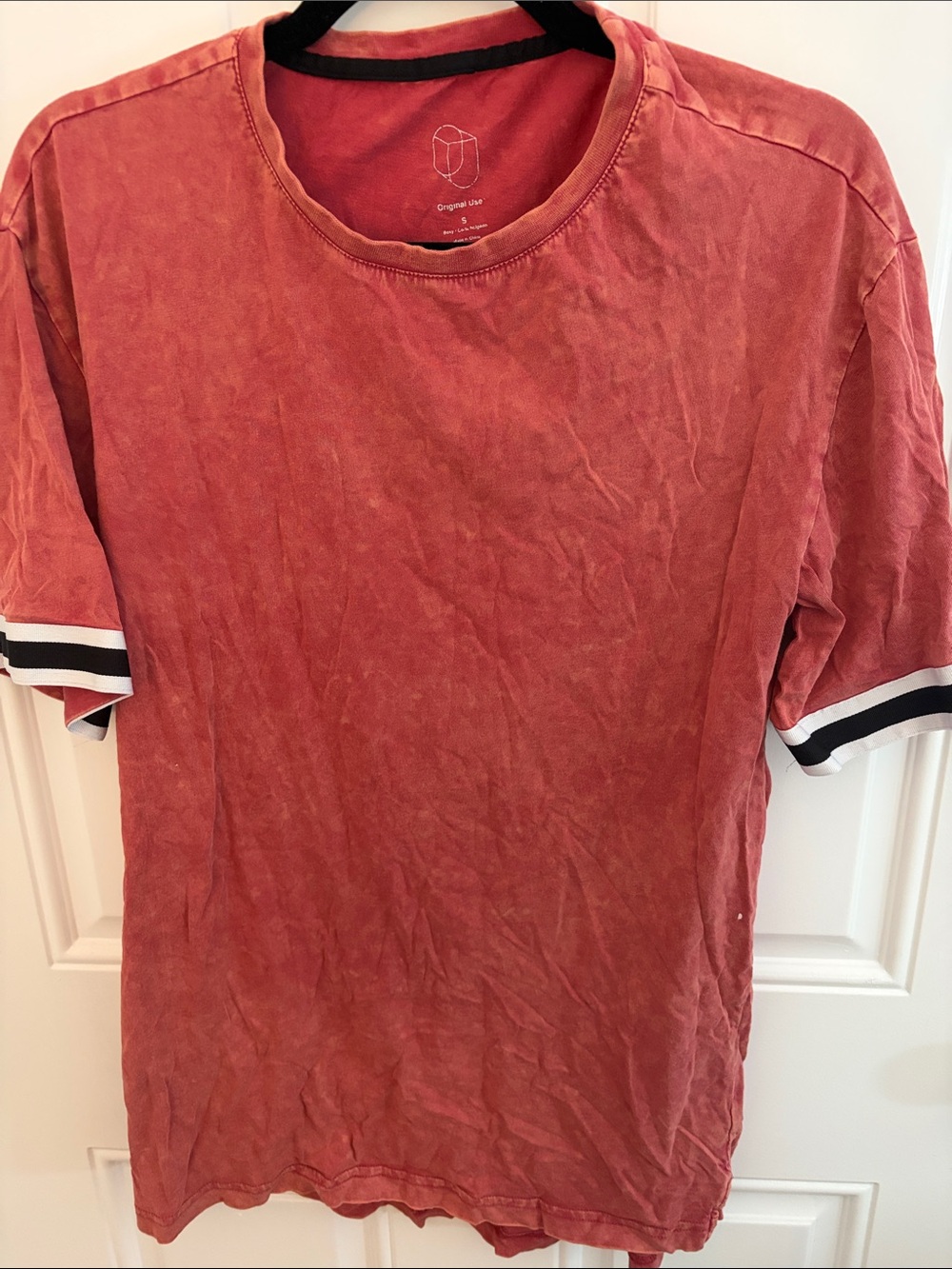 Original Use Washed Brick Red Short Sleeve Crewneck Tee with Stripe Cuffs